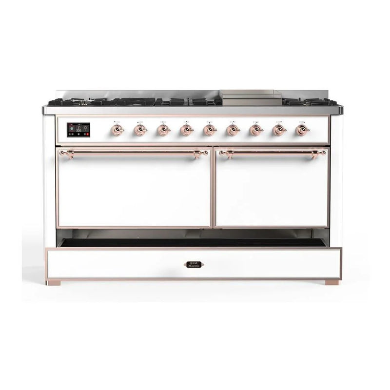 ILVE Majestic II 60" Dual Fuel Freestanding Range in White with Copper Trim, UM15FDQNS3WHPLP