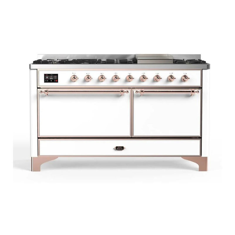 ILVE Majestic II 60" Dual Fuel Freestanding Range in White with Copper Trim, UM15FDQNS3WHP