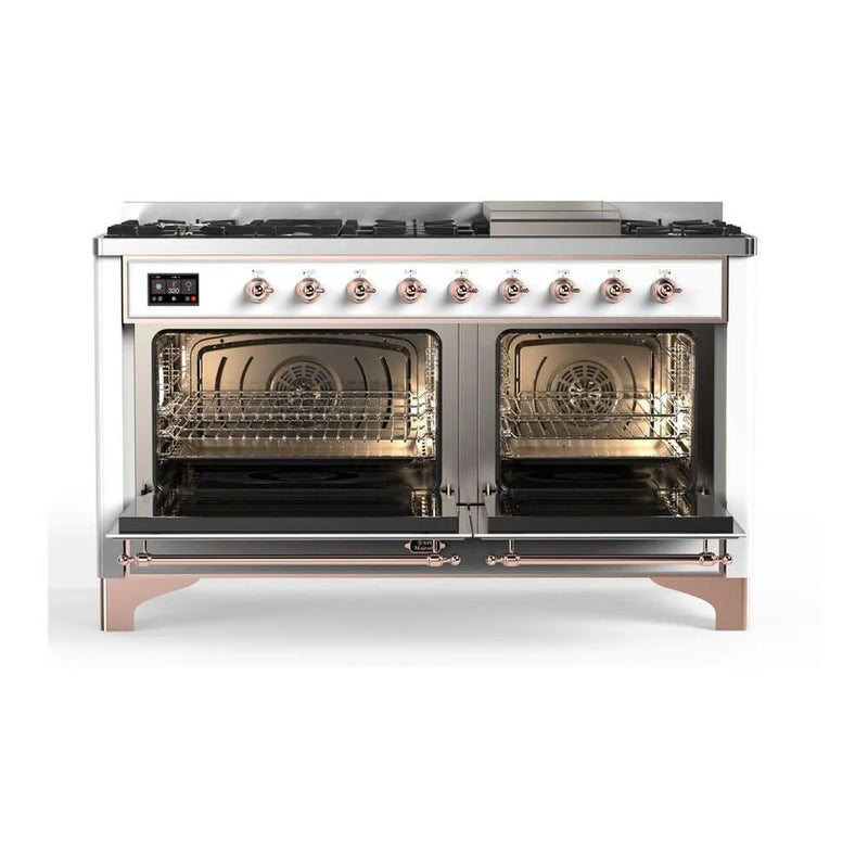 ILVE Majestic II 60" Dual Fuel Freestanding Range in White with Copper Trim, UM15FDQNS3WHP