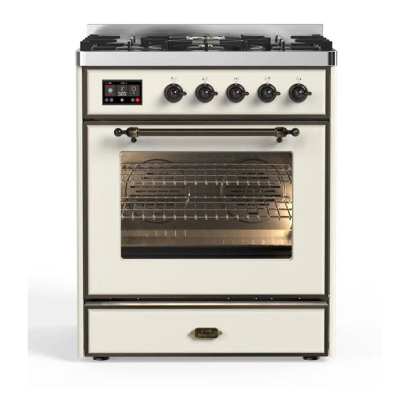 ILVE Majestic II 30" Dual Fuel Freestanding Range in Antique White with Burnished Trim, UM30DNE3AWBLP