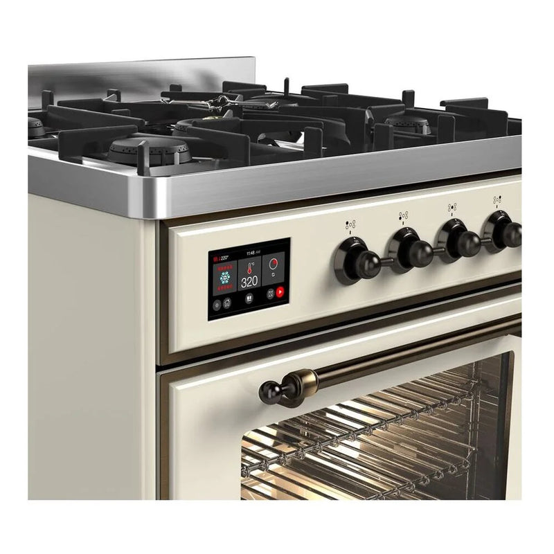 ILVE Majestic II 30" Dual Fuel Freestanding Range in Antique White with Burnished Trim, UM30DNE3AWBLP