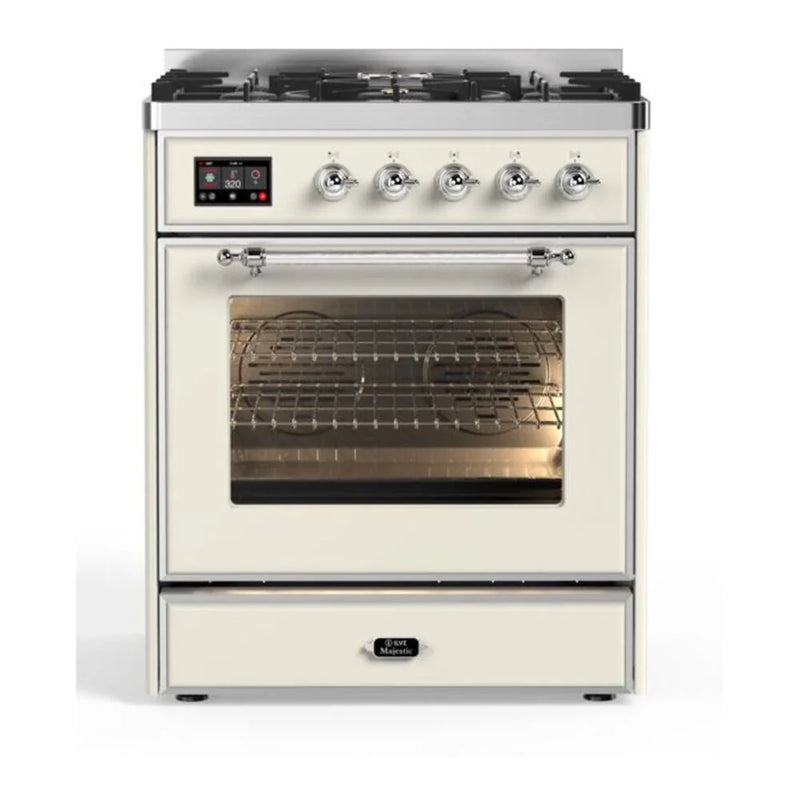 ILVE Majestic II 30" Dual Fuel Freestanding Range in Antique White with Chrome Trim, UM30DNE3AWC