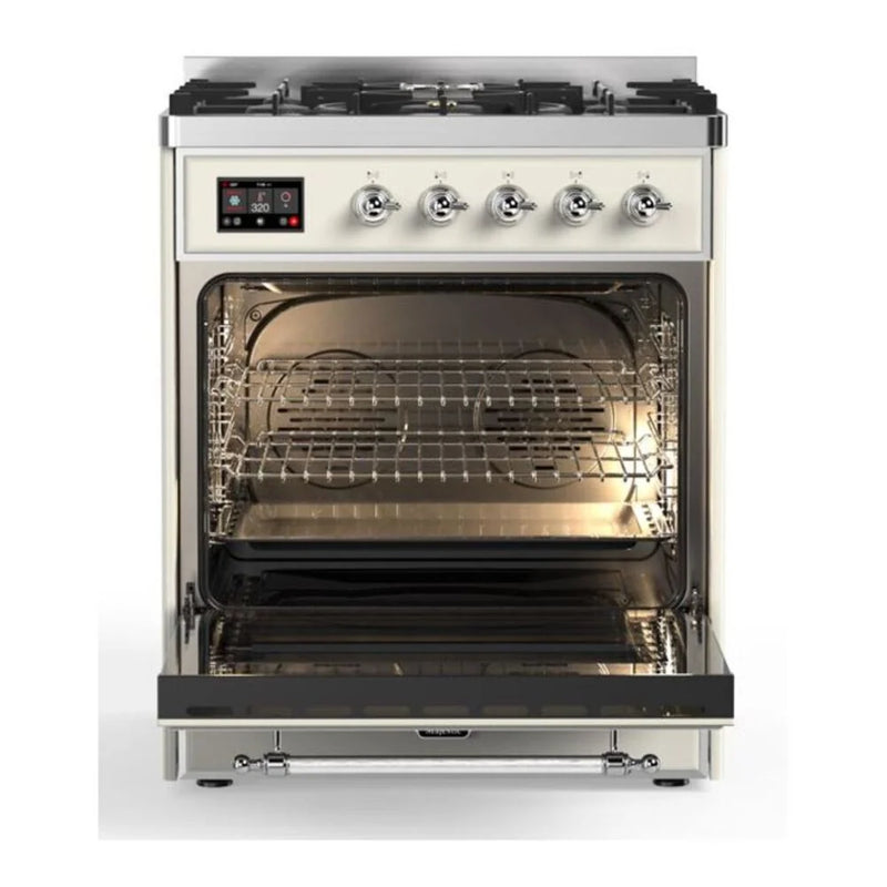 ILVE Majestic II 30" Dual Fuel Freestanding Range in Antique White with Chrome Trim, UM30DNE3AWC