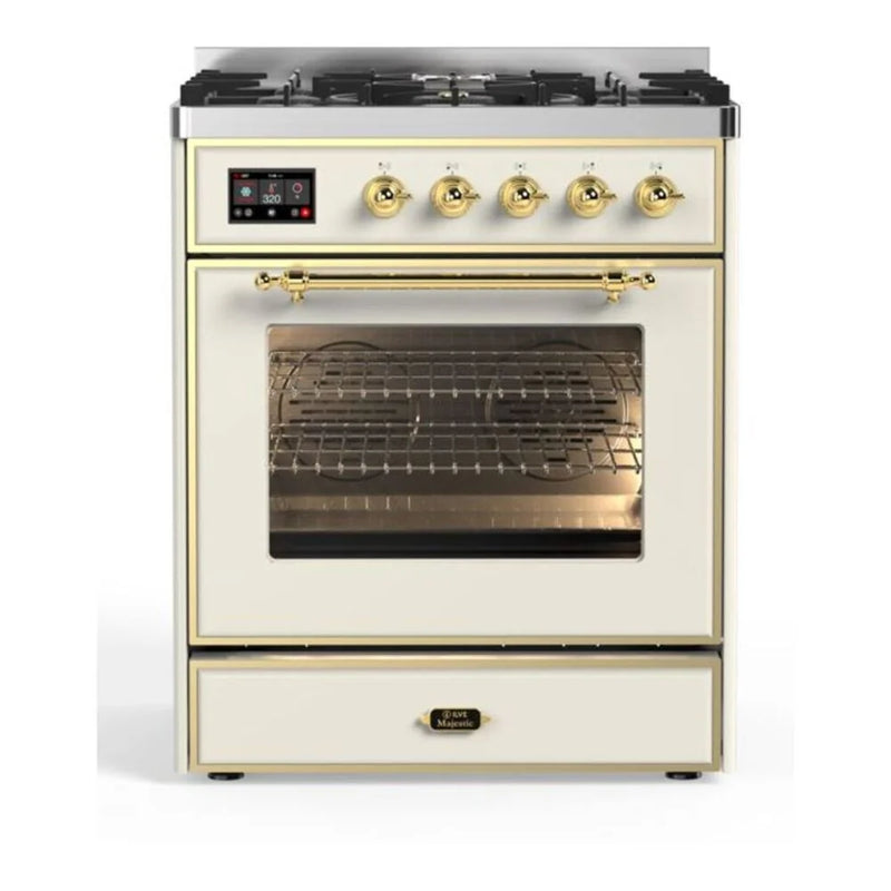 ILVE Majestic II 30" Dual Fuel Freestanding Range in Antique White with Brass Trim, UM30DNE3AWGLP