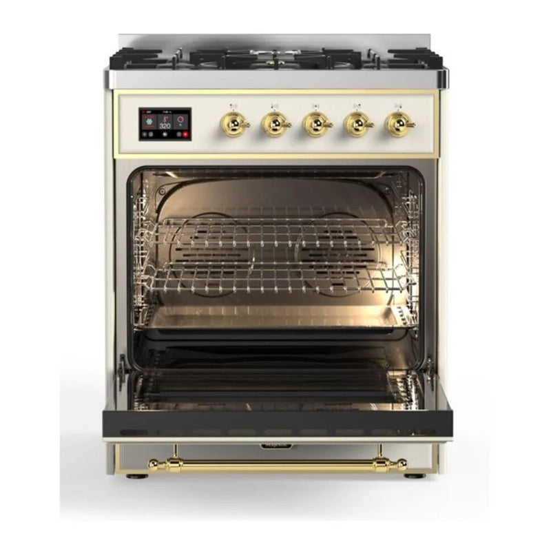 ILVE Majestic II 30" Dual Fuel Freestanding Range in Antique White with Brass Trim, UM30DNE3AWGLP