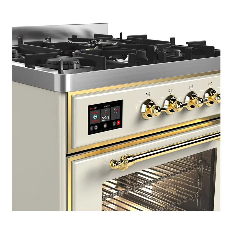 ILVE Majestic II 30" Dual Fuel Freestanding Range in Antique White with Brass Trim, UM30DNE3AWGLP