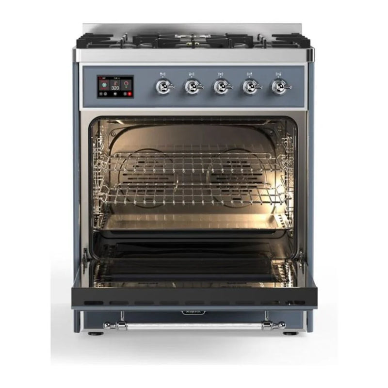 ILVE Majestic II 30" Dual Fuel Freestanding Range in Blue Grey with Chrome Trim, UM30DNE3BGC