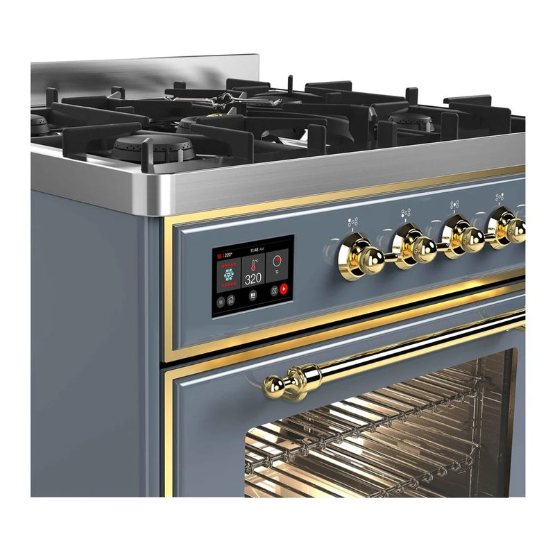 ILVE Majestic II 30" Dual Fuel Freestanding Range in Blue Grey with Brass Trim, UM30DNE3BGGLP