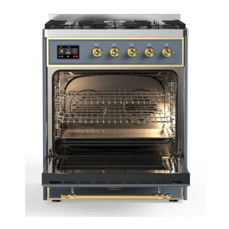 ILVE Majestic II 30" Dual Fuel Freestanding Range in Blue Grey with Brass Trim, UM30DNE3BGG