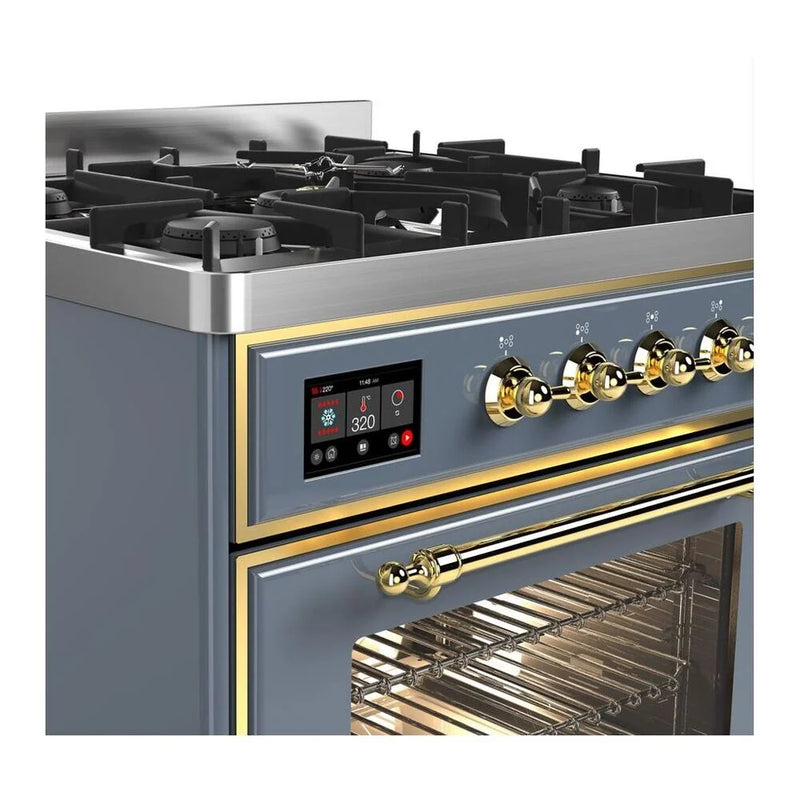 ILVE Majestic II 30" Dual Fuel Freestanding Range in Blue Grey with Brass Trim, UM30DNE3BGG