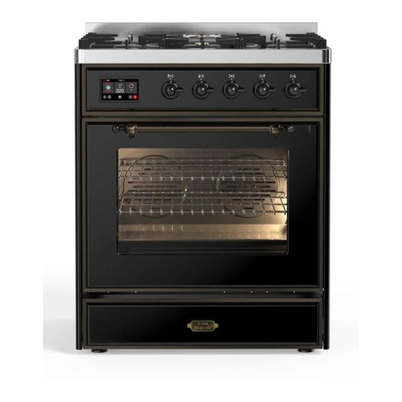 ILVE Majestic II 30" Dual Fuel Freestanding Range in Glossy Black with Burnished Trim, UM30DNE3BKB