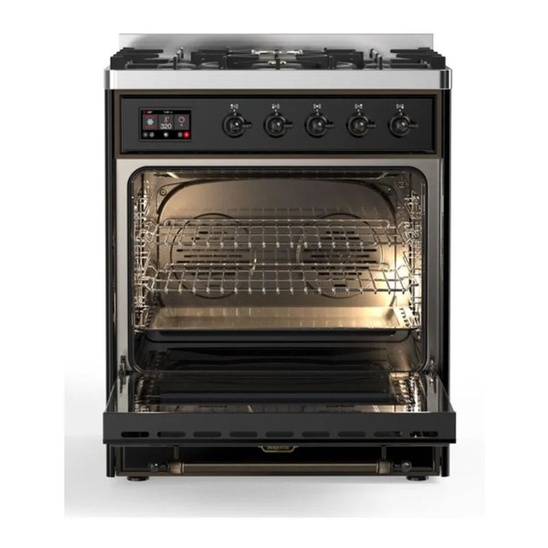 ILVE Majestic II 30" Dual Fuel Freestanding Range in Glossy Black with Burnished Trim, UM30DNE3BKB
