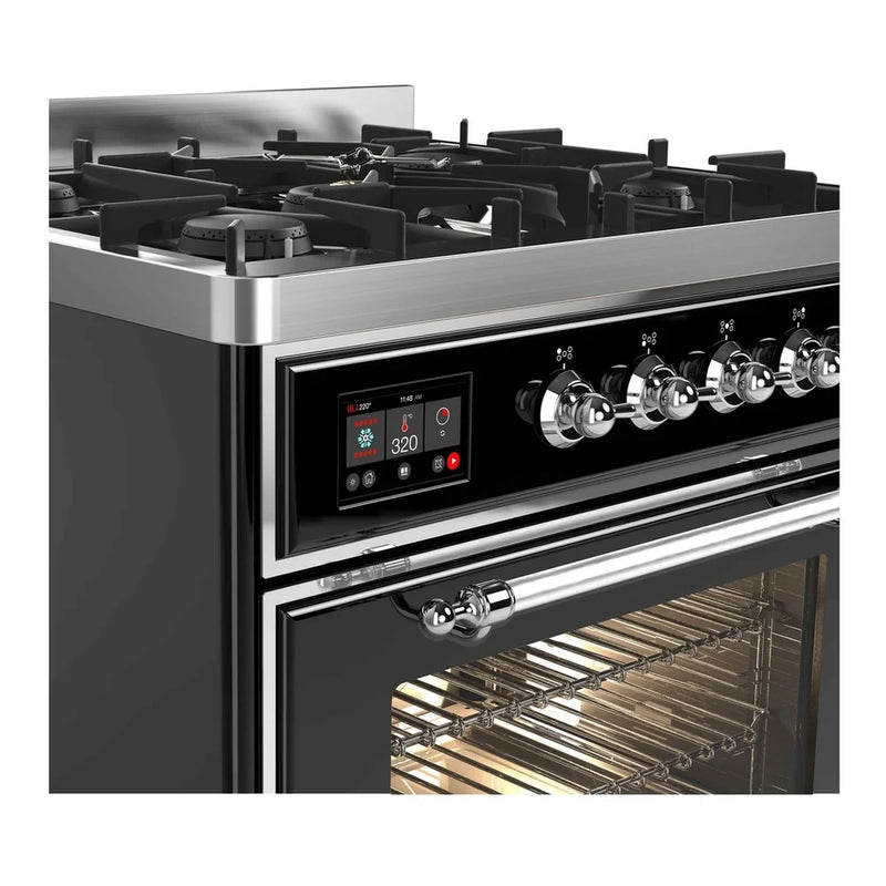 ILVE Majestic II 30" Dual Fuel Freestanding Range in Glossy Black with Chrome Trim, UM30DNE3BKCLP
