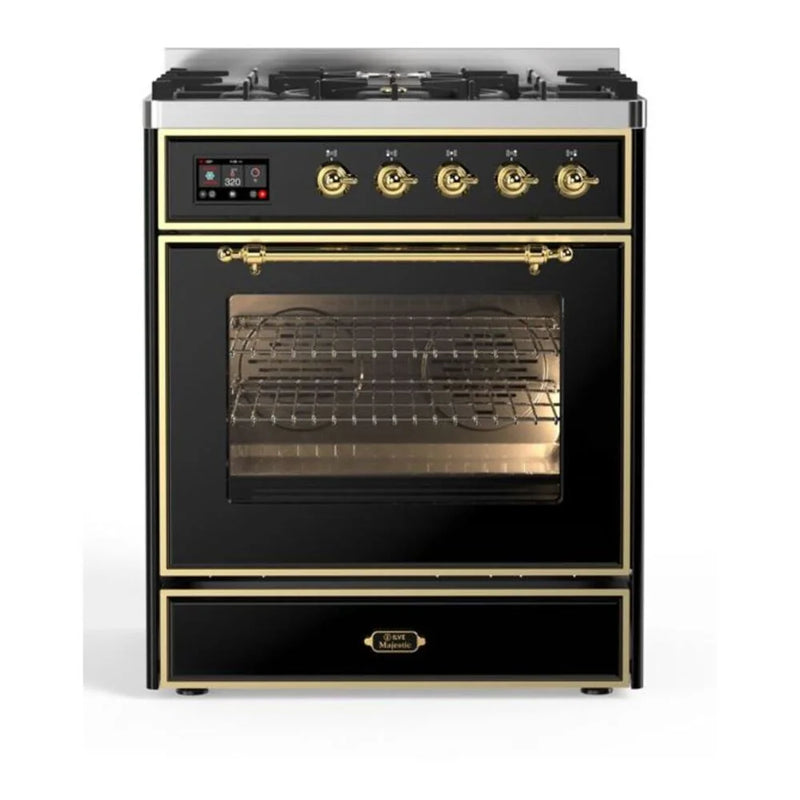 ILVE Majestic II 30" Dual Fuel Freestanding Range in Glossy Black with Brass Trim, UM30DNE3BKGLP