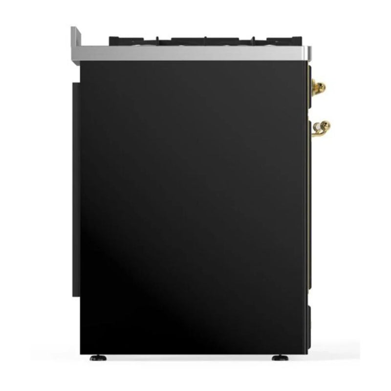 ILVE Majestic II 30" Dual Fuel Freestanding Range in Glossy Black with Brass Trim, UM30DNE3BKGLP