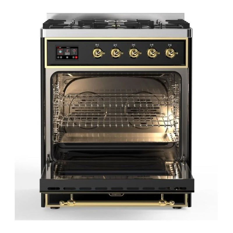 ILVE Majestic II 30" Dual Fuel Freestanding Range in Glossy Black with Brass Trim, UM30DNE3BKG