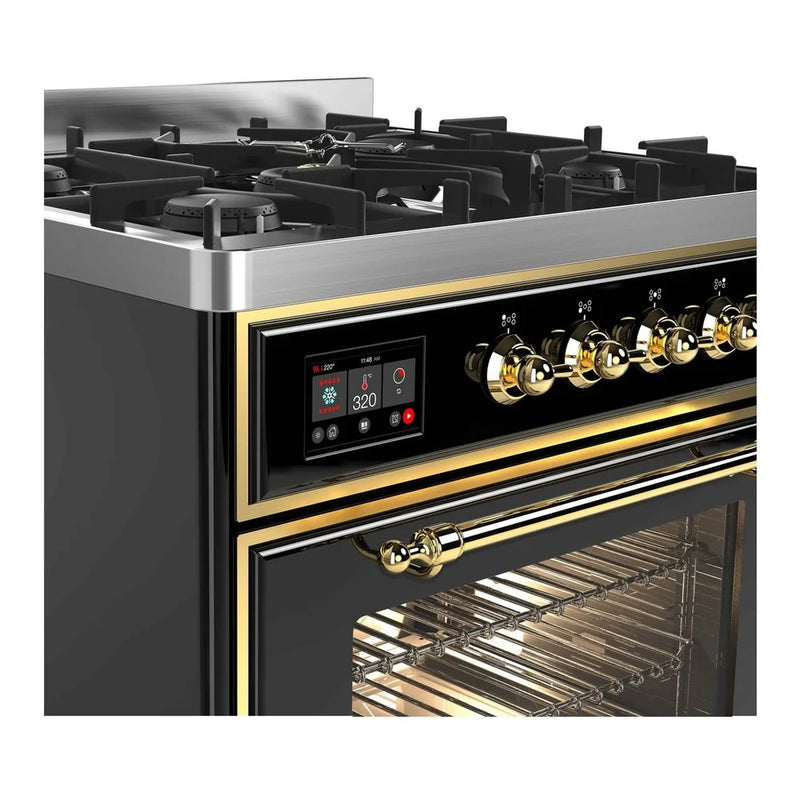 ILVE Majestic II 30" Dual Fuel Freestanding Range in Glossy Black with Brass Trim, UM30DNE3BKG