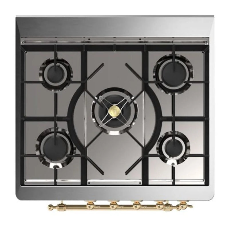 ILVE Majestic II 30" Dual Fuel Freestanding Range in Glossy Black with Brass Trim, UM30DNE3BKG
