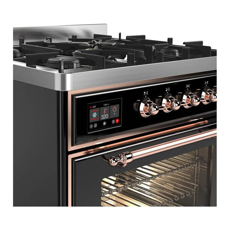 ILVE Majestic II 30" Dual Fuel Freestanding Range in Glossy Black with Copper Trim, UM30DNE3BKPLP