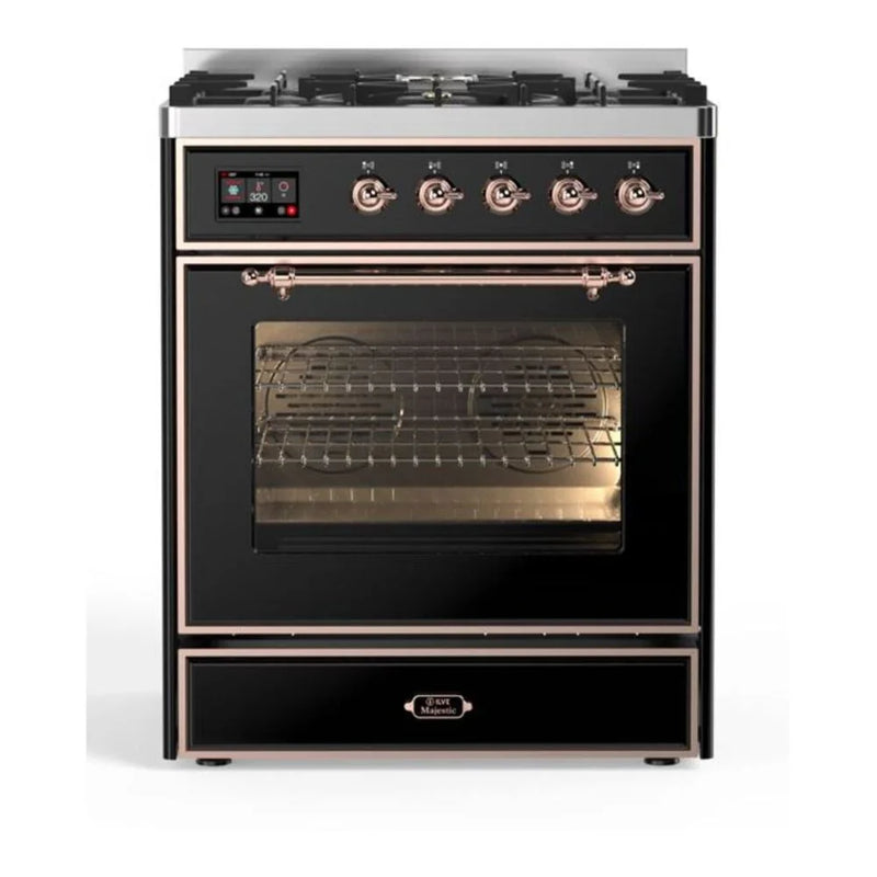 ILVE Majestic II 30" Dual Fuel Freestanding Range in Glossy Black with Copper Trim, UM30DNE3BKP