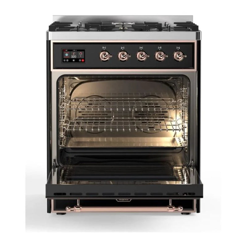 ILVE Majestic II 30" Dual Fuel Freestanding Range in Glossy Black with Copper Trim, UM30DNE3BKP