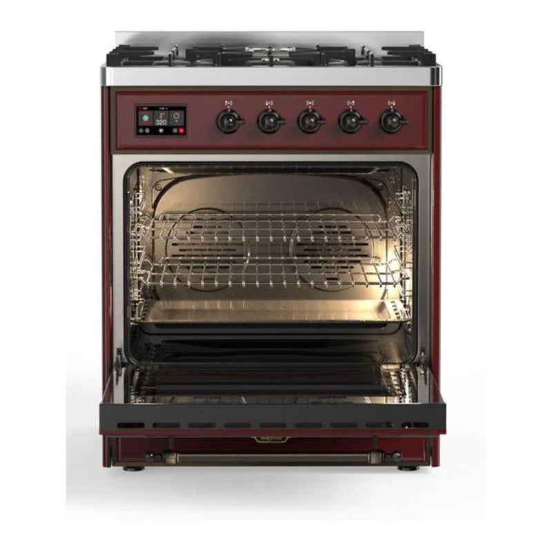 ILVE Majestic II 30" Dual Fuel Freestanding Range in Burgundy with Burnished Trim, UM30DNE3BUBLP