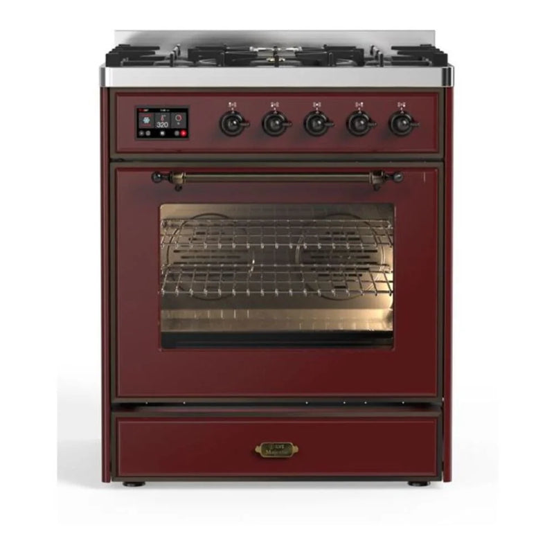 ILVE Majestic II 30" Dual Fuel Freestanding Range in Burgundy with Burnished Trim, UM30DNE3BUB