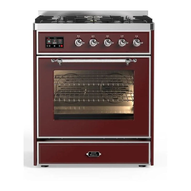 ILVE Majestic II 30" Dual Fuel Freestanding Range in Burgundy with Chrome Trim, UM30DNE3BUCLP
