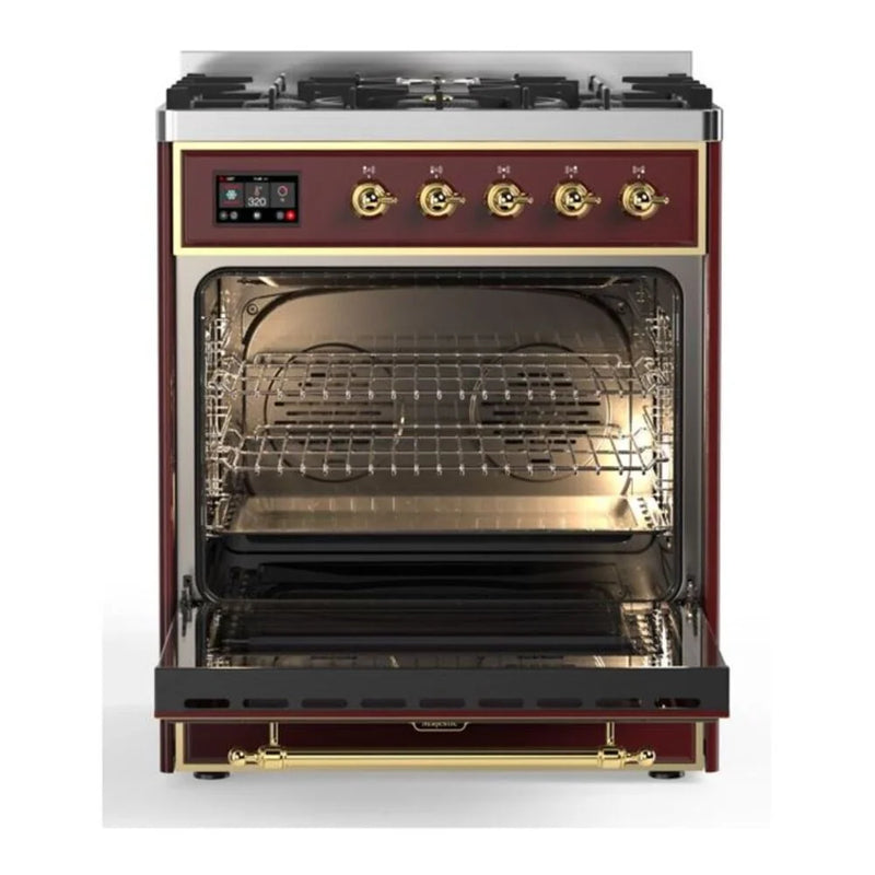 ILVE Majestic II 30" Dual Fuel Freestanding Range in Burgundy with Brass Trim, UM30DNE3BUG