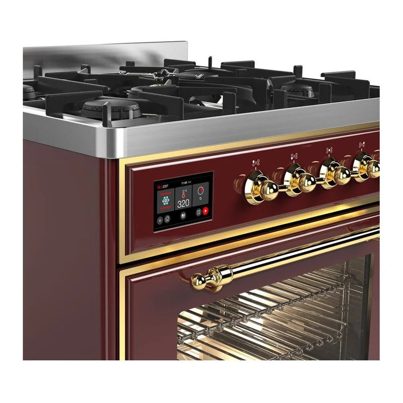 ILVE Majestic II 30" Dual Fuel Freestanding Range in Burgundy with Brass Trim, UM30DNE3BUG
