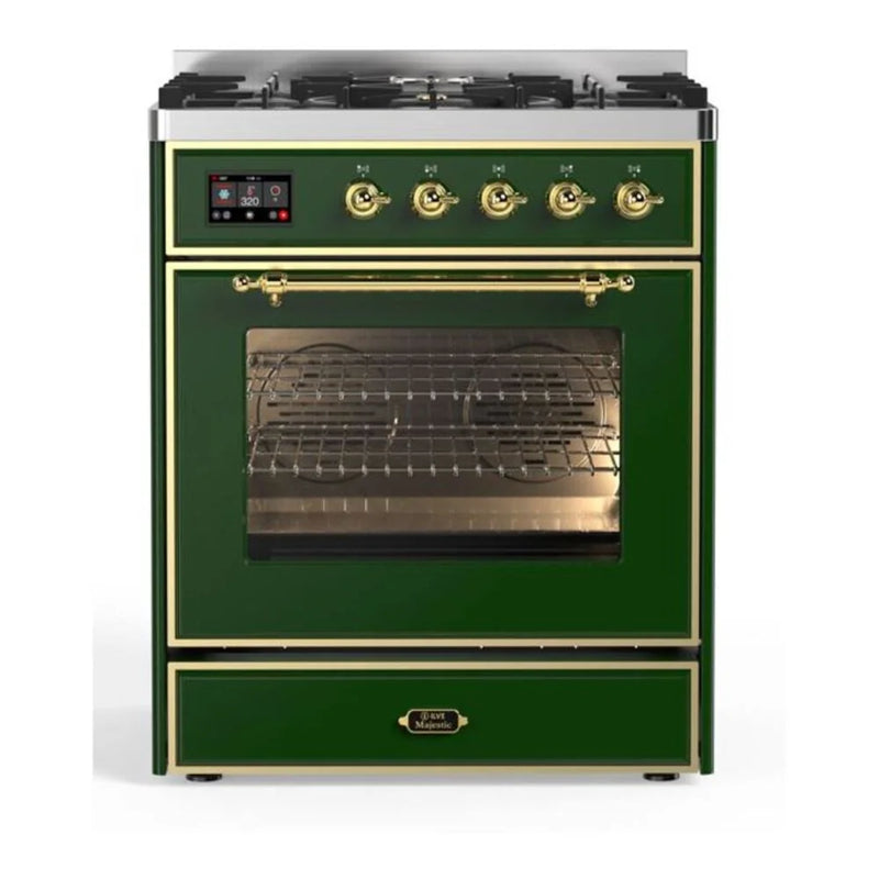 ILVE Majestic II 30" Dual Fuel Freestanding Range in Emerald Green with Brass Trim, UM30DNE3EGGLP