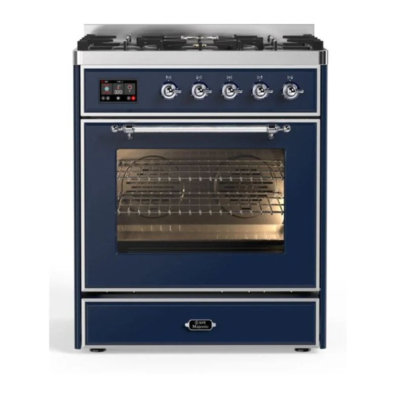 ILVE Majestic II 30" Dual Fuel Freestanding Range in Midnight Blue with Chrome Trim, UM30DNE3MBCLP