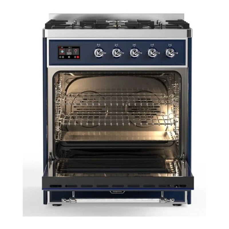 ILVE Majestic II 30" Dual Fuel Freestanding Range in Midnight Blue with Chrome Trim, UM30DNE3MBCLP