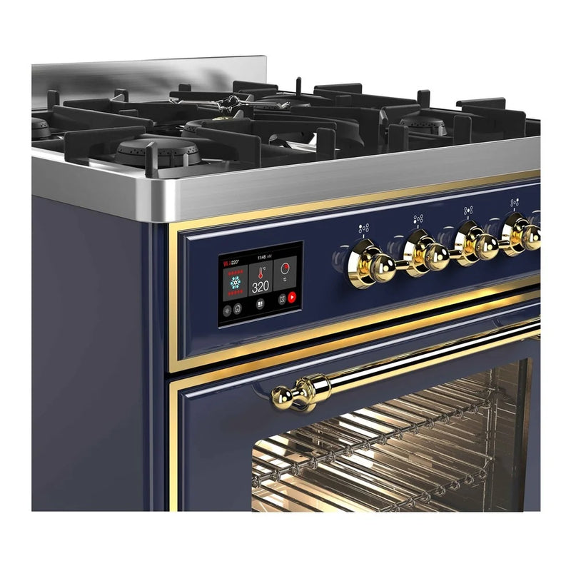 ILVE Majestic II 30" Dual Fuel Freestanding Range in Midnight Blue with Brass Trim, UM30DNE3MBG