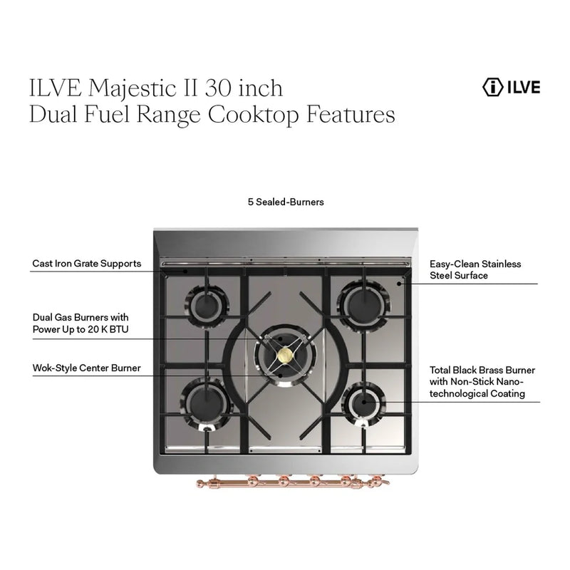 ILVE Majestic II 30" Dual Fuel Freestanding Range in Graphite Matte with Burnished Trim, UM30DNE3MGB