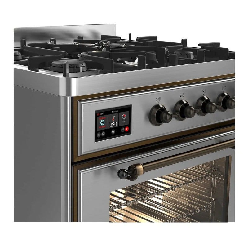 ILVE Majestic II 30" Dual Fuel Freestanding Range in Stainless Steel with Burnished Trim, UM30DNE3SSBLP
