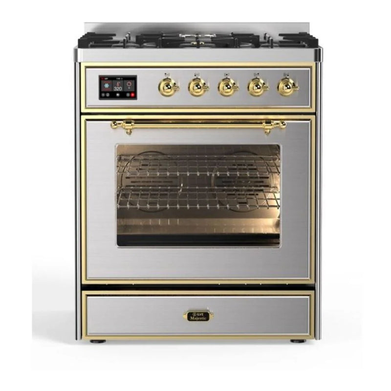 ILVE Majestic II 30" Dual Fuel Freestanding Range in Stainless Steel with Brass Trim, UM30DNE3SSG
