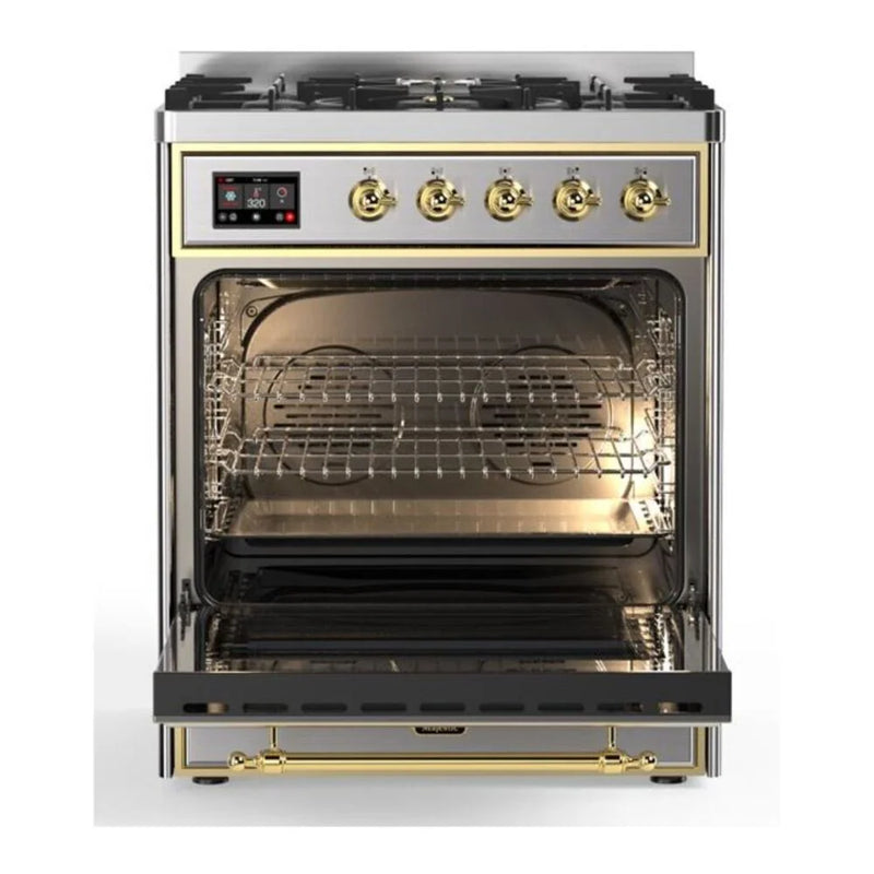 ILVE Majestic II 30" Dual Fuel Freestanding Range in Stainless Steel with Brass Trim, UM30DNE3SSG