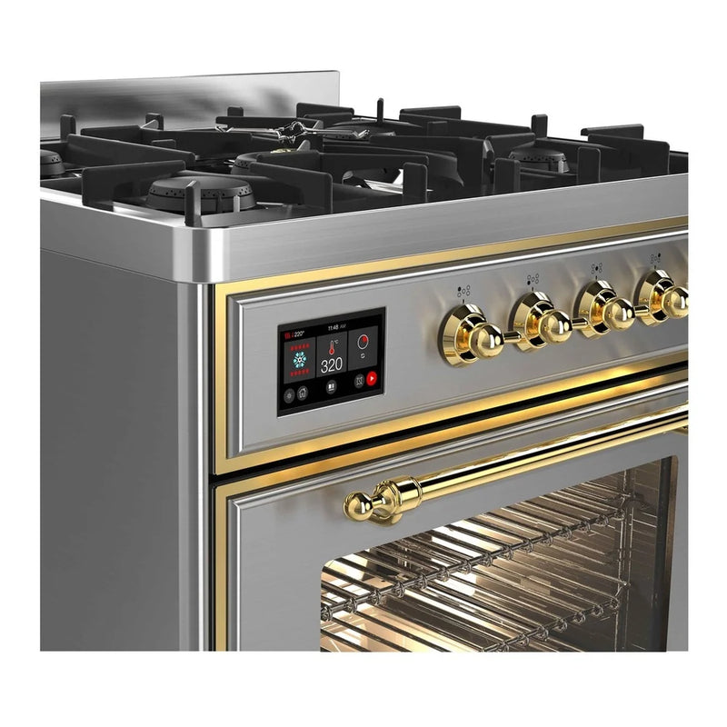 ILVE Majestic II 30" Dual Fuel Freestanding Range in Stainless Steel with Brass Trim, UM30DNE3SSG