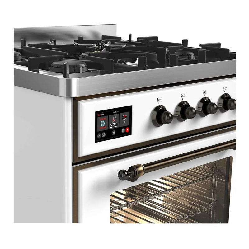 ILVE Majestic II 30" Dual Fuel Freestanding Range in White with Burnished Trim, UM30DNE3WHBLP