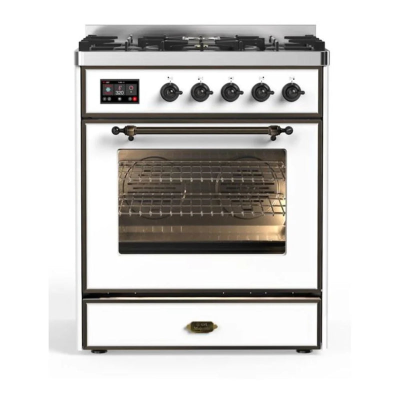 ILVE Majestic II 30" Dual Fuel Freestanding Range in White with Burnished Trim, UM30DNE3WHB