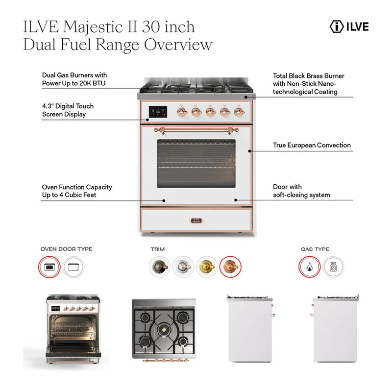 ILVE Majestic II 30" Dual Fuel Freestanding Range in White with Burnished Trim, UM30DNE3WHB
