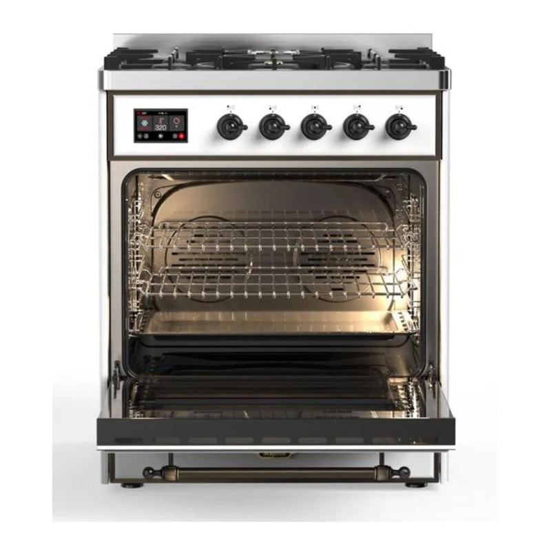 ILVE Majestic II 30" Dual Fuel Freestanding Range in White with Burnished Trim, UM30DNE3WHB
