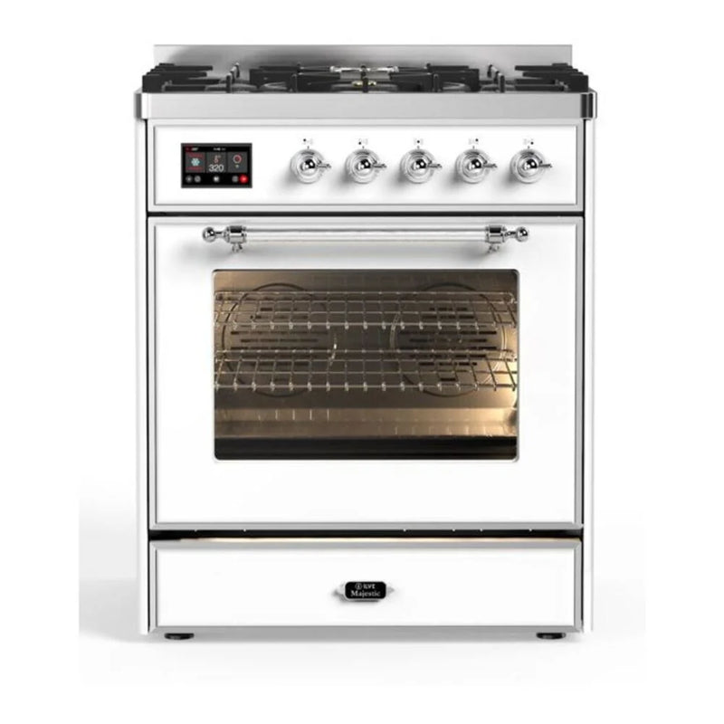 ILVE Majestic II 30" Dual Fuel Freestanding Range in White with Chrome Trim, UM30DNE3WHCLP