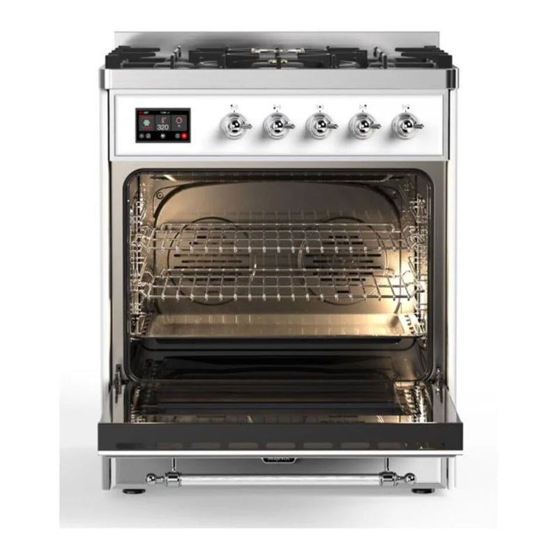 ILVE Majestic II 30" Dual Fuel Freestanding Range in White with Chrome Trim, UM30DNE3WHCLP