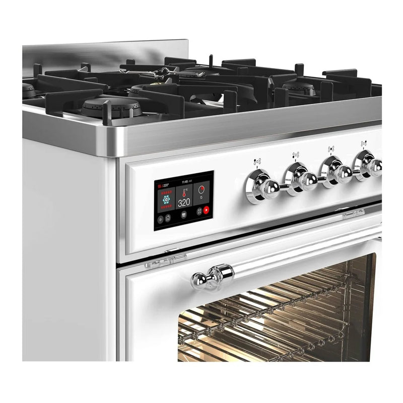 ILVE Majestic II 30" Dual Fuel Freestanding Range in White with Chrome Trim, UM30DNE3WHCLP