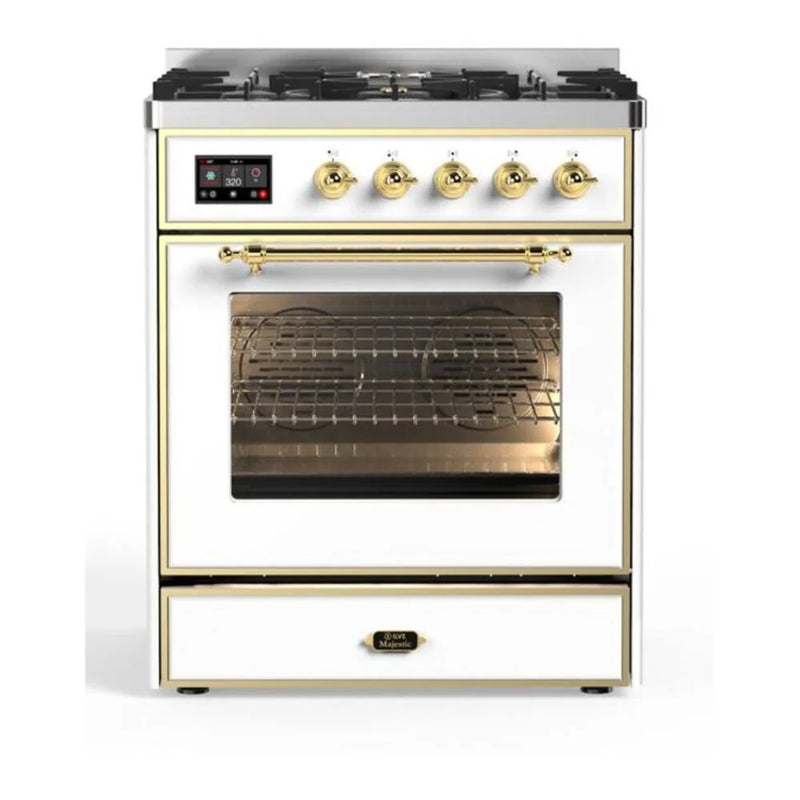 ILVE Majestic II 30" Dual Fuel Freestanding Range in White with Brass Trim, UM30DNE3WHGLP