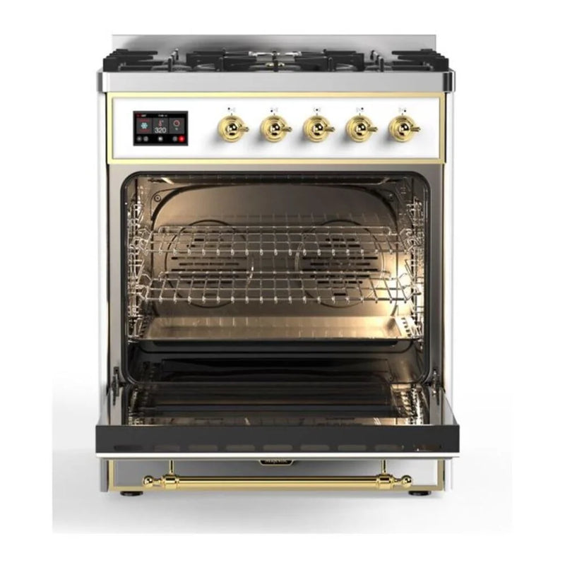 ILVE Majestic II 30" Dual Fuel Freestanding Range in White with Brass Trim, UM30DNE3WHGLP