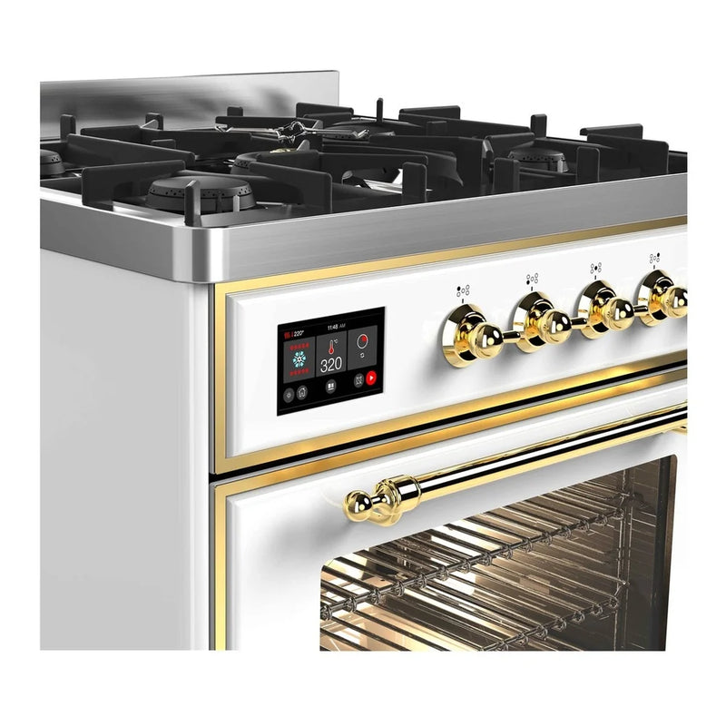 ILVE Majestic II 30" Dual Fuel Freestanding Range in White with Brass Trim, UM30DNE3WHGLP