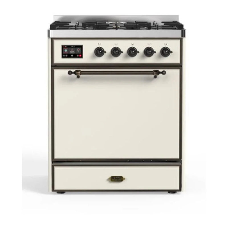 ILVE Majestic II 30" Dual Fuel Freestanding Range in Antique White with Burnished Trim, UM30DQNE3AWBLP